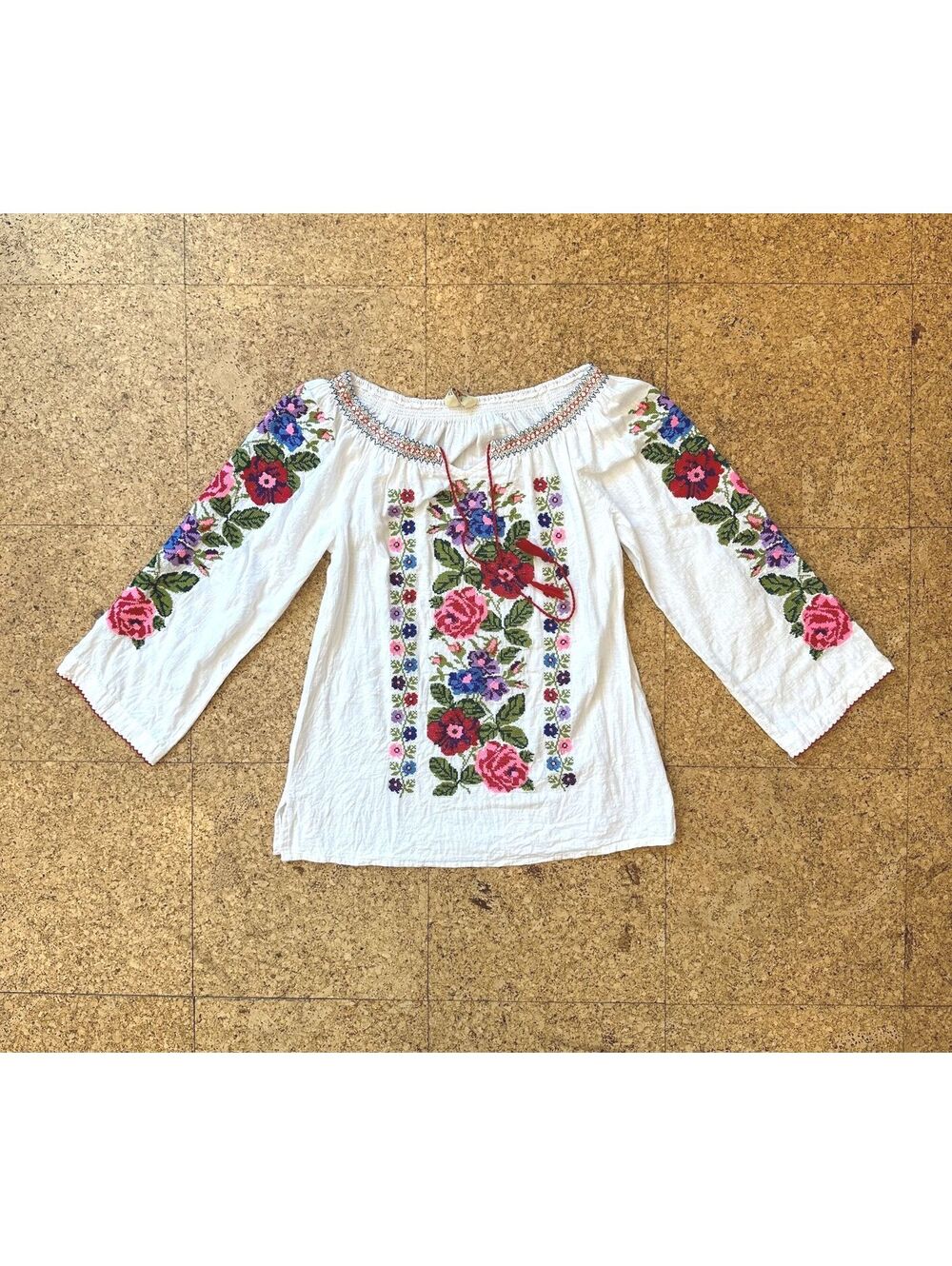 KART Floral Embroidered Peasant Blouse Women's Small (see notes) Boho Smock Neck